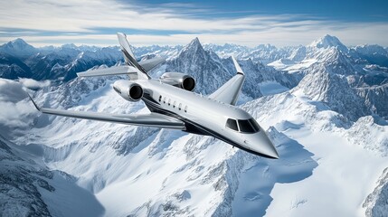Fototapeta premium aerial view of a jet flying over snowy mountains, ample copy space, more clarity with clear light and sharp focus, high detailed
