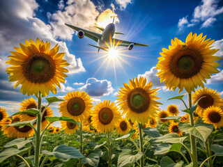 Vibrant sunflowers stretch towards the sky as a commercial airliner flies overhead, casting a shadow on the bright yellow blossoms in a warm summer landscape.