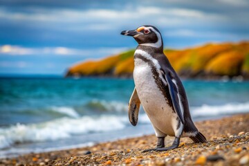 Fototapeta premium A solitary Magellanic penguin stands along the windswept beach on a remote island in the Beagle Channel, Argentina, its distinctive black and white feathers glistening.