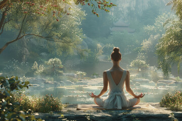 A serene yoga practitioner meditating in a tranquil natural setting, copy space, High quality,