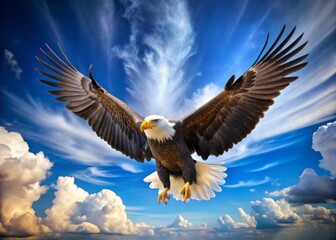 Obraz premium Isolated majestic bald eagle spreads wide wings, soaring effortlessly against a brilliant blue sky with puffy white clouds, exuding freedom and majesty.