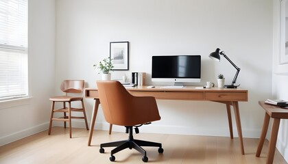 A modern home office includes a wooden desk and office chair positioned against a white wall This Scandinavian interior design of the modern living room provides a comfortable workplace