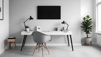 A modern home office includes a wooden desk and office chair positioned against a white wall This Scandinavian interior design of the modern living room provides a comfortable workplace