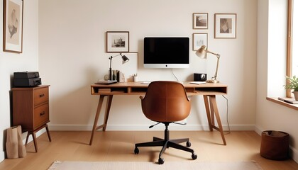 A modern home office includes a wooden desk and office chair positioned against a white wall This Scandinavian interior design of the modern living room provides a comfortable workplace