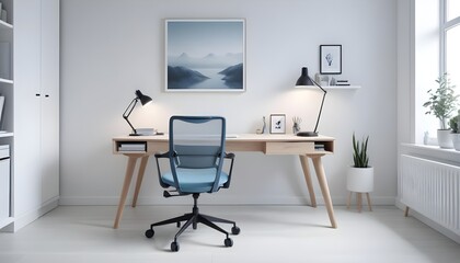 A modern home office includes a wooden desk and office chair positioned against a white wall This Scandinavian interior design of the modern living room provides a comfortable workplace