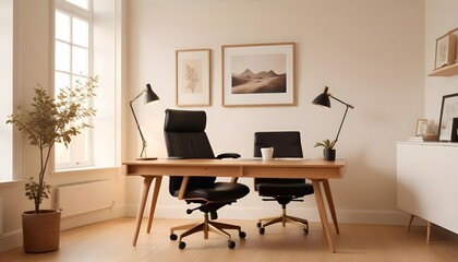 A modern home office includes a wooden desk and office chair positioned against a white wall This Scandinavian interior design of the modern living room provides a comfortable workplace