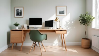 A modern home office includes a wooden desk and office chair positioned against a white wall This Scandinavian interior design of the modern living room provides a comfortable workplace