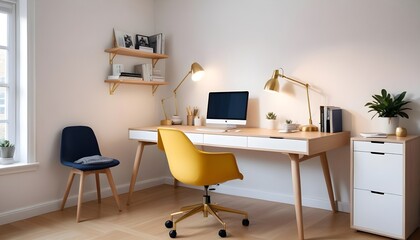 A modern home office includes a wooden desk and office chair positioned against a white wall This Scandinavian interior design of the modern living room provides a comfortable workplace
