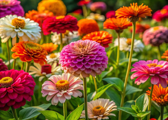 Vibrant zinnia flowers in shades of pink, orange, yellow, and white bloom amidst lush green foliage in a serenely sunlit garden surrounded by natural texture.