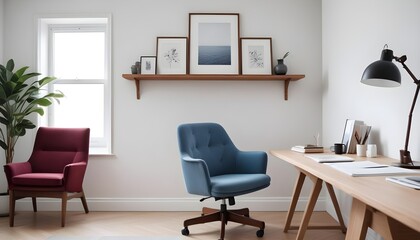 Fototapeta premium A modern home office includes a wooden desk and office chair positioned against a white wall This Scandinavian interior design of the modern living room provides a comfortable workplace