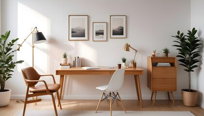 A modern home office includes a wooden desk and office chair positioned against a white wall This Scandinavian interior design of the modern living room provides a comfortable workplace