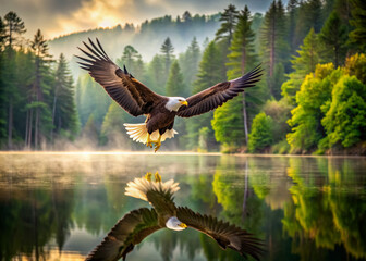 Obraz premium Majestic American Bald Eagle spreads its wide wings, soaring serenely above the tranquil lake's mirror-like reflection, surrounded by lush green forest and misty atmosphere.