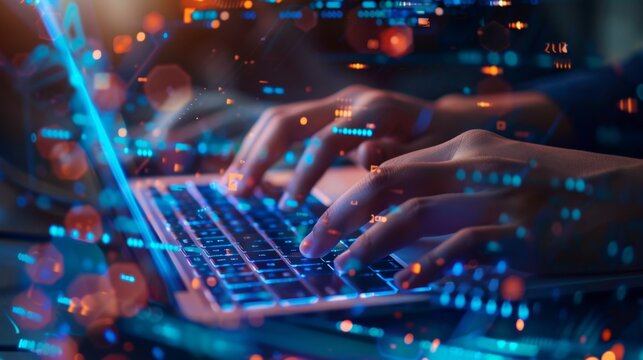 Hands Typing on Laptop Keyboard with Neon Lights.