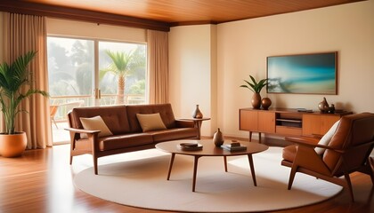 A seaside villa features a mid-century coastal home interior design for the modern living room