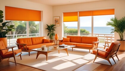 A seaside villa features a mid-century coastal home interior design for the modern living room