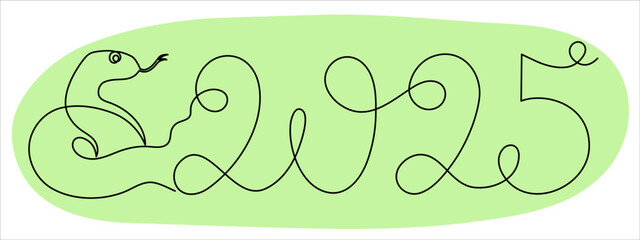 2025 year of snake one line art, hand drawn continuous contour.Holiday concept,festive New year chinese astrological horoscope, poisonous reptile serpent outline.Editable stroke.Isolated.Vector