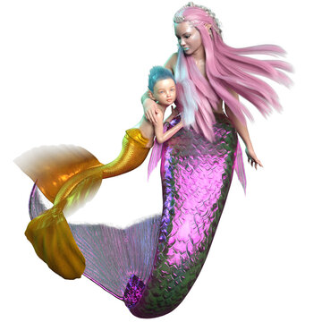 3d rendered illustration of a mother mermaid with her merman child. 