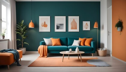 Scandinavian style interior design of a modern living room in a cozy serene studio apartment with an orange sofa