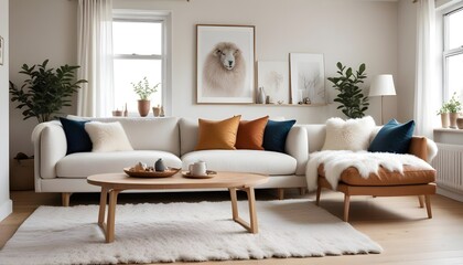 Scandinavian style interior design defines the modern living room, showcasing clean lines and a sense of simplicity and elegance