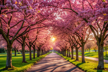 Fototapeta premium Serene scenic park features rows of vibrant pink blooming cherry sakura trees lining a tranquil winding alley on a sunny spring morning.