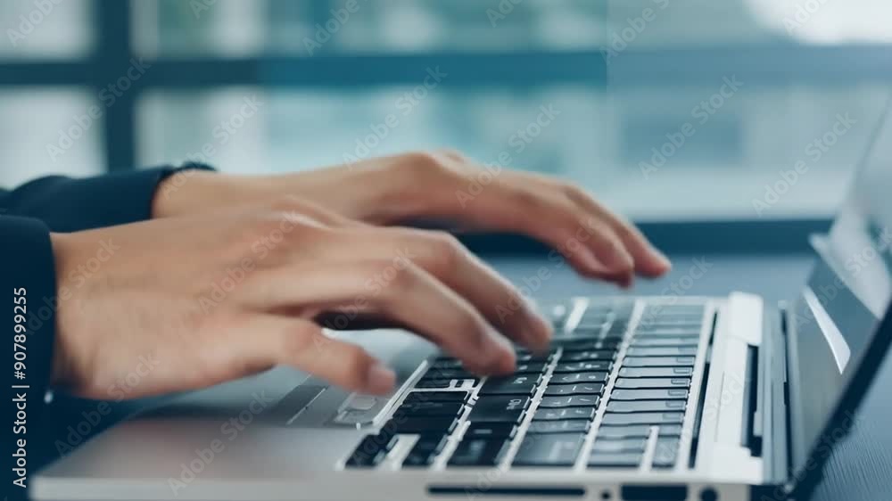 Poster close-up of hands typing on notebook keyboard in modern office setting generative ai