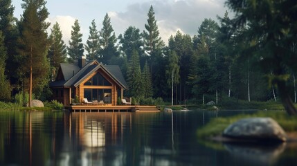Fototapeta premium Secluded Retreat: Cabin Surrounded by Tall Pines