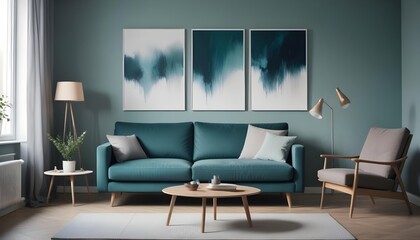 Scandinavian style home interior design of the modern living room showcases an armchair and a sofa against a grey wall with a poster, creating a harmonious and inviting atmosphere