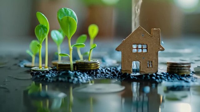 A family saving plan for basic necessities concept is depicted by water being poured over rows of rising coins with sprouts, a house, and family members	