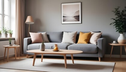 Scandinavian style home interior design of the modern living room incorporates a grey sofa, adding simplicity and elegance to the space