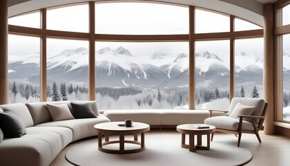 Scandinavian minimalist home interior design features a round wooden coffee table near beige sofas and an armchair against a floor-to-ceiling panoramic window with a winter mountain view