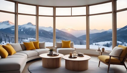 Scandinavian minimalist home interior design features a round wooden coffee table near beige sofas and an armchair against a floor-to-ceiling panoramic window with a winter mountain view