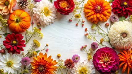 Vibrant autumnal flowers, like dahlias, cosmos, and baby's breath, arranged in a delicate frame on a crisp white background, evoking cozy fall feelings and warmth.