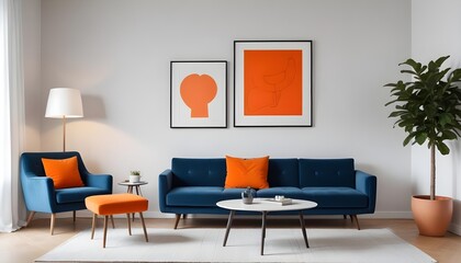 Fototapeta premium Scandinavian, mid-century style home interior design of a modern living room with a dark blue sofa and orange chair against a white wall with an art poster frame