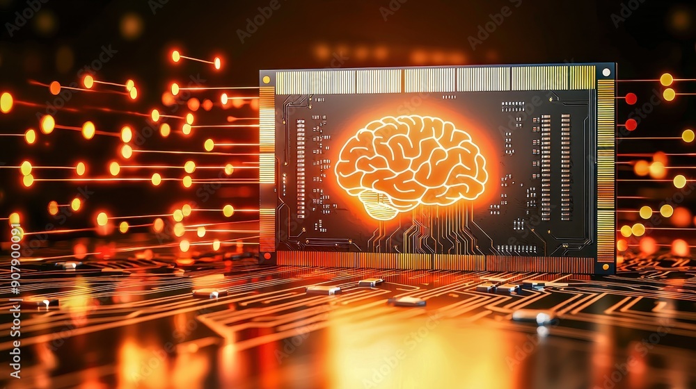 Poster a vibrant digital brain illustration on a circuit board symbolizing artificial intelligence and tech