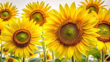 Obraz premium Vibrant yellow petals and delicate green stalks of sunflowers fill the frame, showcasing intricate textures of pollen and pistils against a pristine white background.