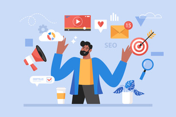 Web marketing and online advertising concept. Modern vector illustration of businessman promoting website, products and social media content