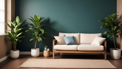 Scandinavian interior design of modern stylish living room with a cozy wooden sofa with white cushions near a dark green wall Side table with a houseplant and a potted tree