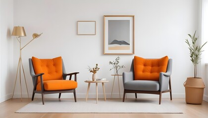 Scandinavian interior design of a modern living room with a gray armchair against a white wall with an empty mock-up poster frame