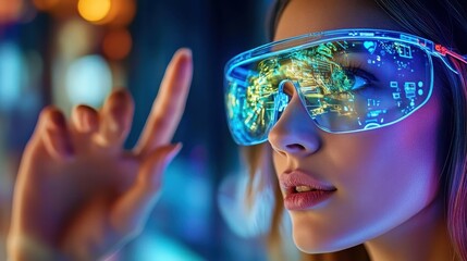 A young woman interacts with futuristic virtual reality glasses, showcasing vibrant digital displays in an immersive environment.