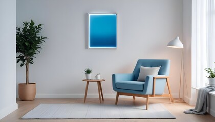 Scandinavian interior design of a modern living room with a gray armchair against a white wall with an empty mock-up poster frame