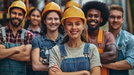 A diverse group of essential workers standing together with pride and determination, celebrating Labor Day