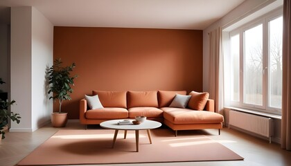 Fototapeta premium Scandinavian interior design of a modern living room with a cozy terracotta fabric corner sofa near a window