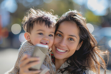 Obraz premium Latin mom and Latin son taking a selfie, son holding a smartphone, sunny and cheerful day.