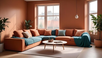 Fototapeta premium Scandinavian interior design of a modern living room with a cozy terracotta fabric corner sofa near a window