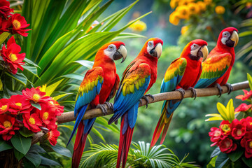 Vibrant macaws perch on branches amidst lush green foliage and exotic tropical flowers, showcasing their stunning plumage in a kaleidoscope of colors.