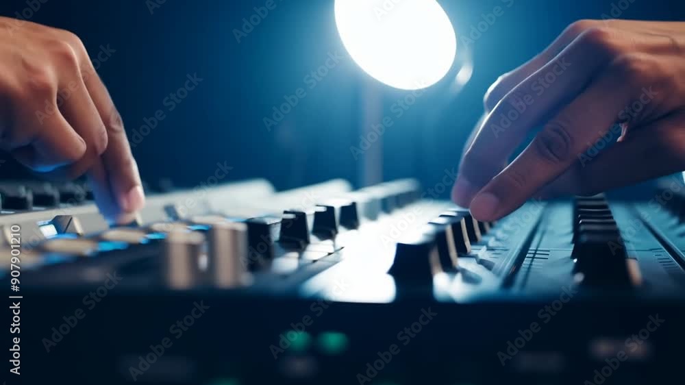 Poster closeup of hands adjusting knobs on a mixing console in a studio generative ai