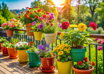 Vibrant flowers in colorful pots adorn a tranquil balcony or terrace, creating a serene oasis perfect for relaxation and enjoyment of outdoor hobbies and activities.