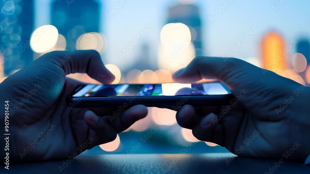 Poster hands using touch screen phone against city backdrop at dusk generative ai