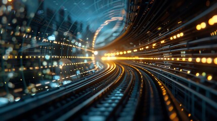 Obraz premium Futuristic abstract tunnel with vibrant lights depicting speed and technology in a dynamic urban setting.
