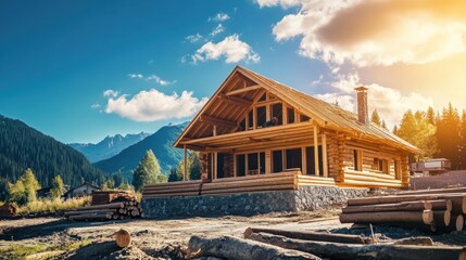 log cabin under construction with logs being placed